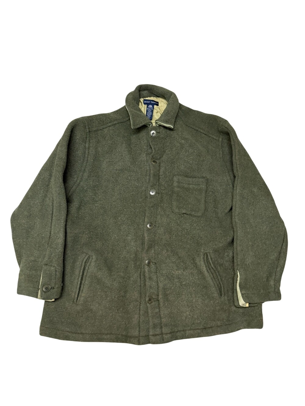 Grant Thomas Coat Mens 2XL Green Wool Overcoat Lined Button Front Outdoor